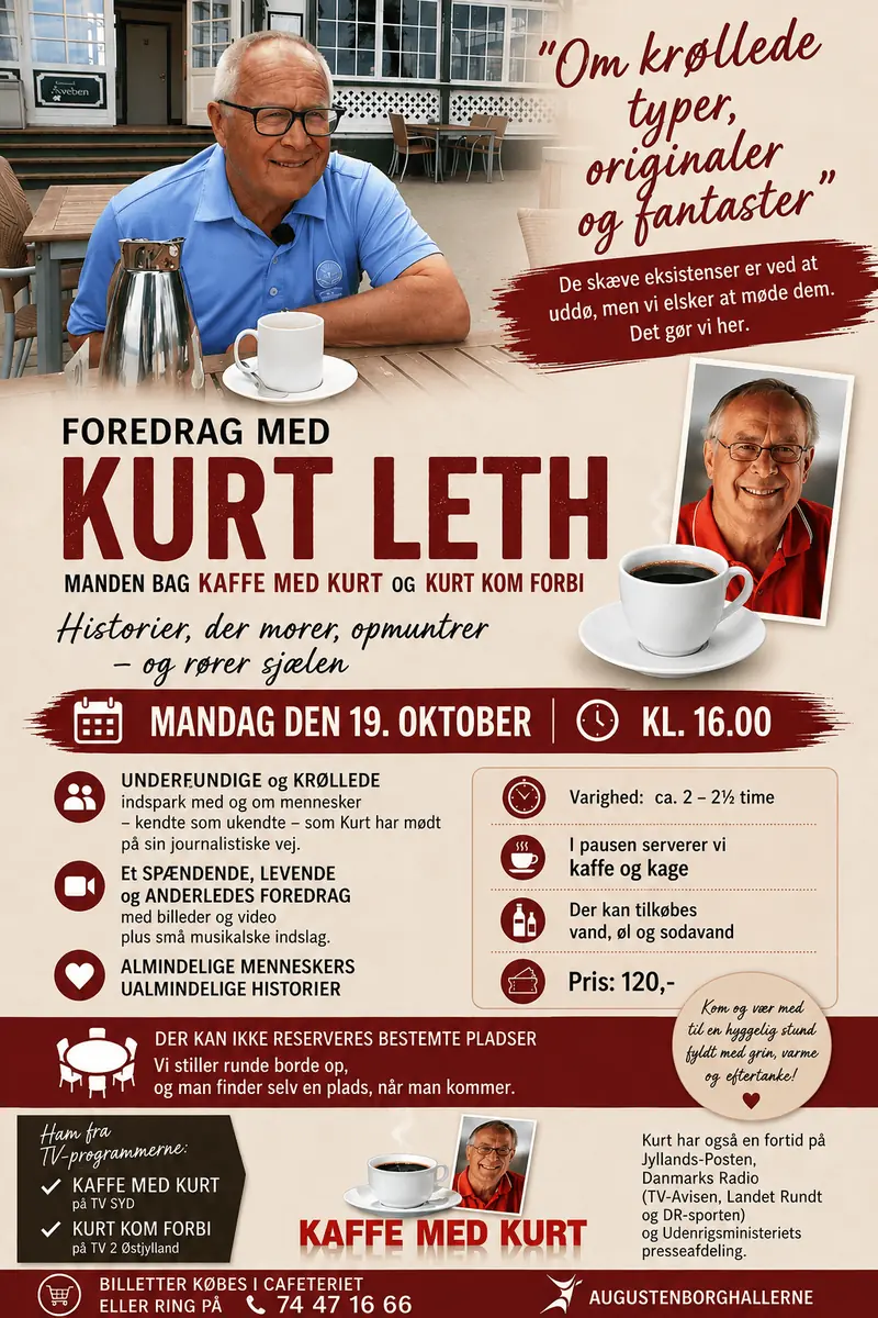 Lecture with Kurt Leth - The Man Behind 'Coffee with Kurt' and 'Kurt Came By' — Kultursalen, Augustenborghallerne, Augustenborg